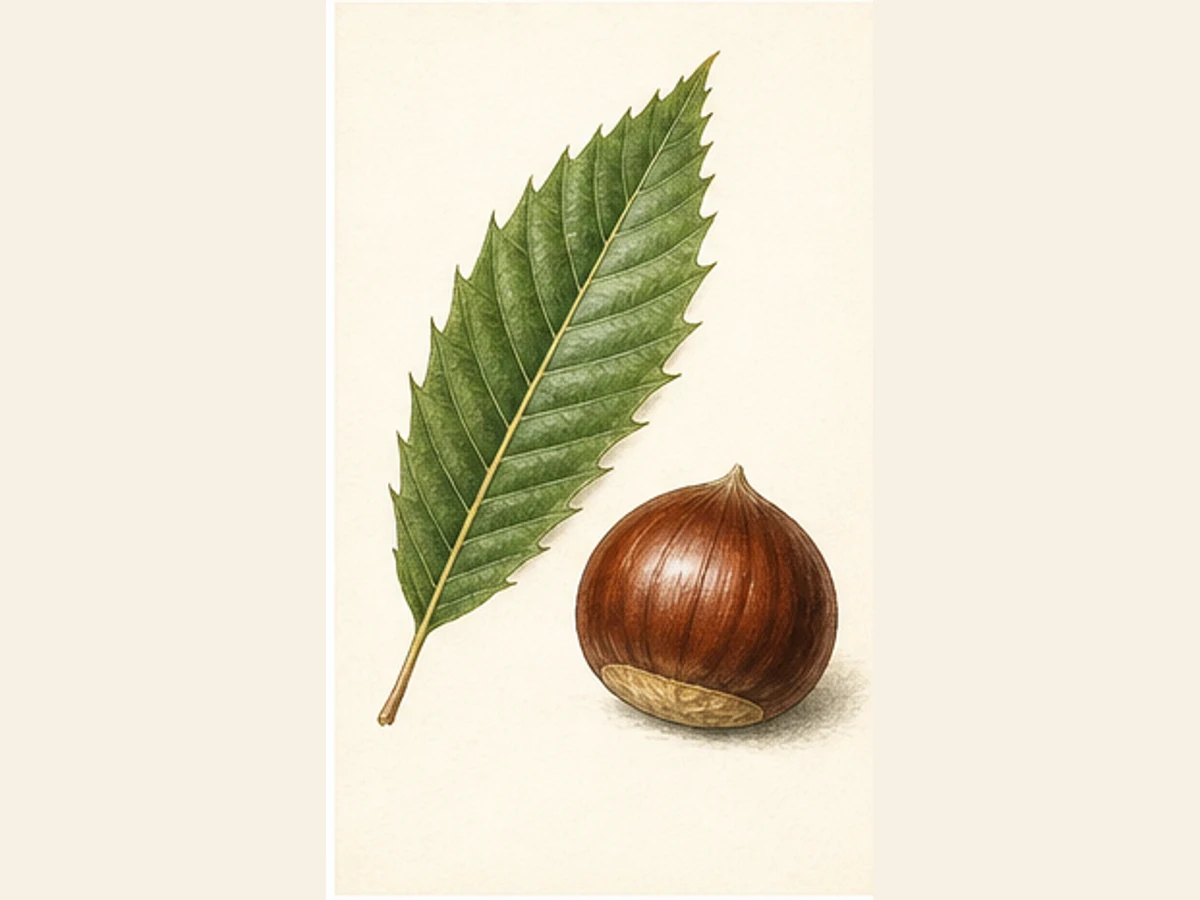 Ilustração editorial representativa de castanheiro para a ficha de Rebordã; não autentica o material, uma planta, fruto, clone ou lote