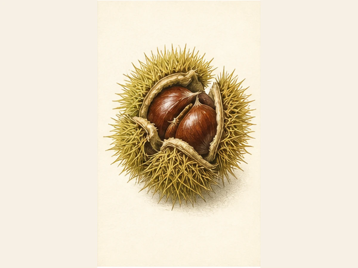 Ilustração editorial representativa de castanheiro para a ficha de Trigueira; não autentica o material, uma planta, fruto, clone ou lote