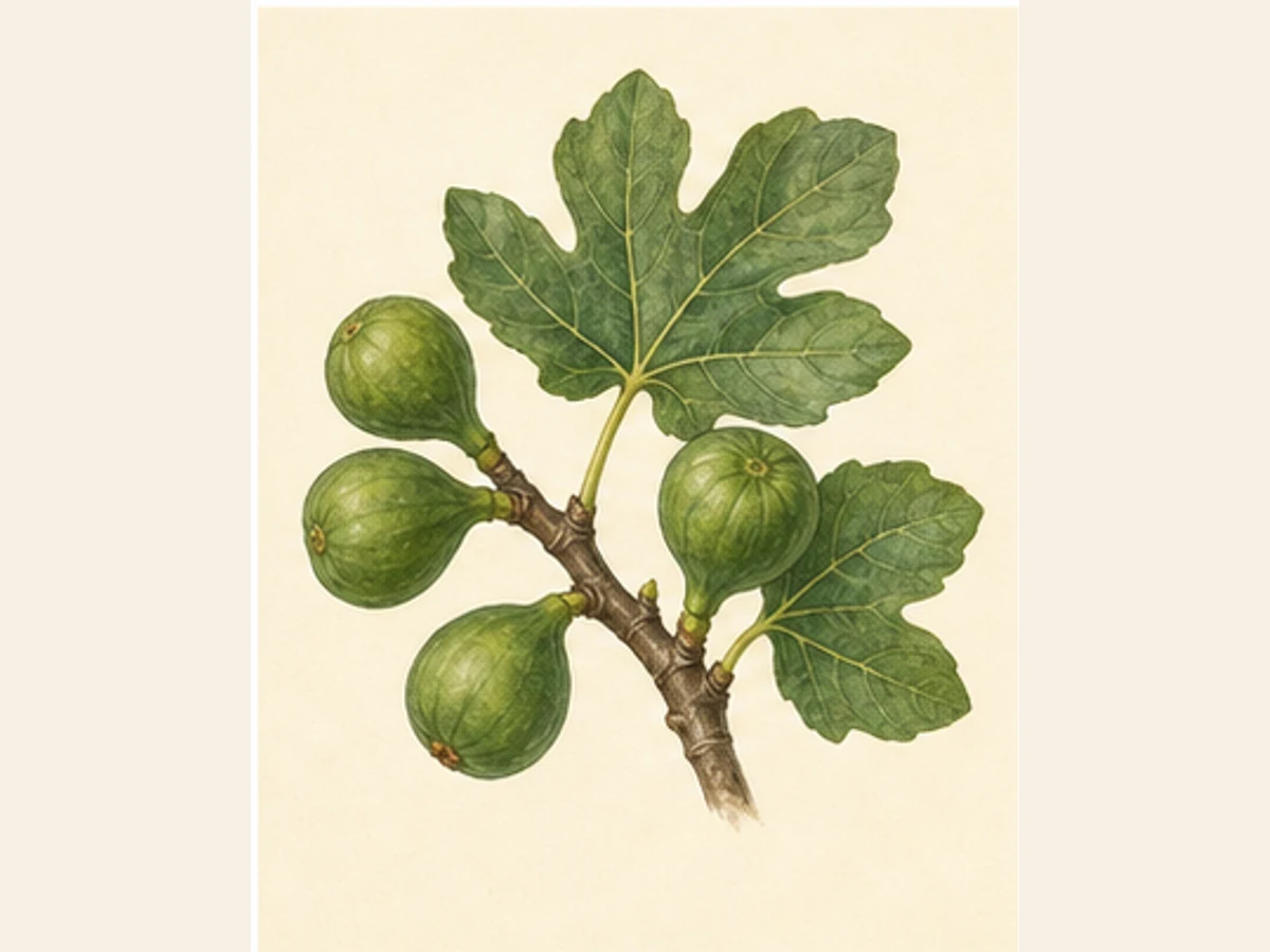 Ilustração editorial representativa de figueira para a ficha de Castelhana Branca; não autentica o material, uma planta, fruto, clone ou lote
