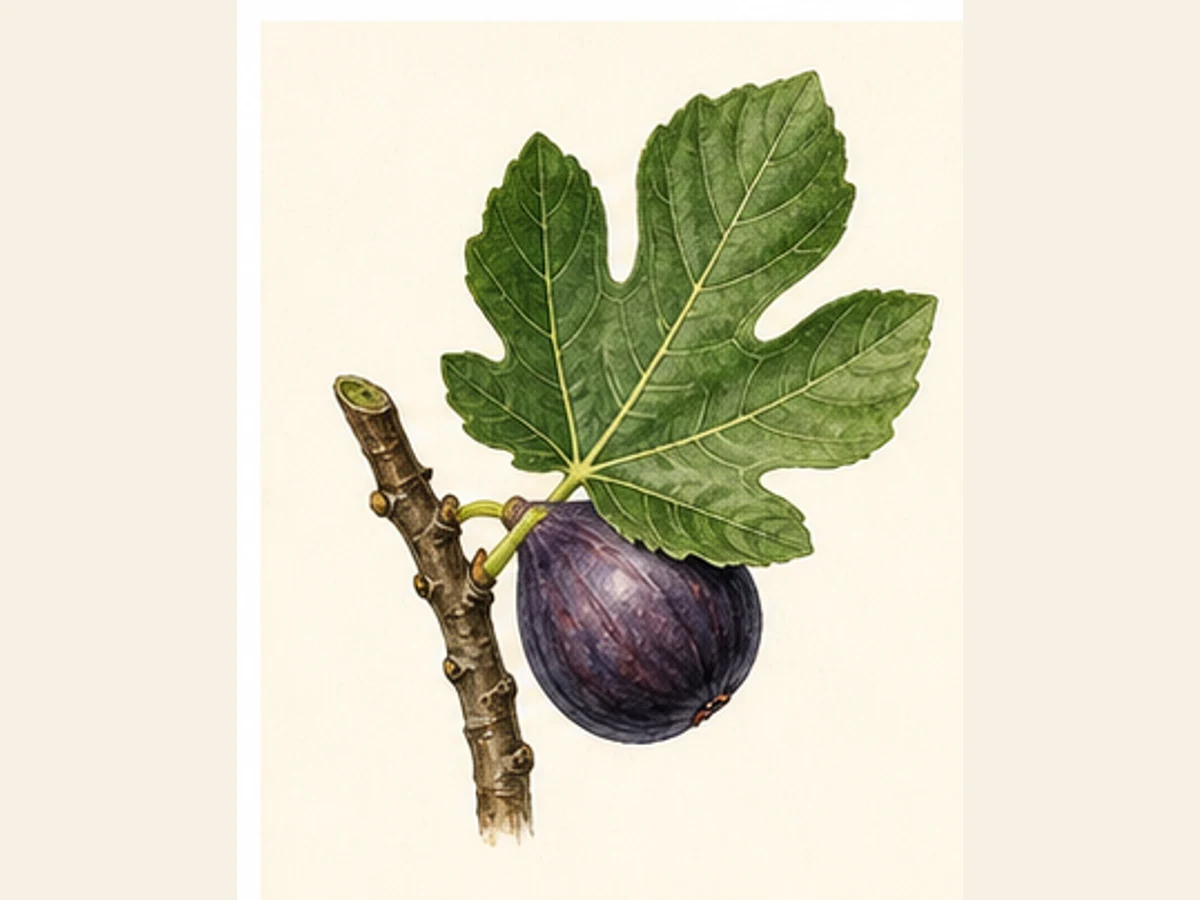 Ilustração editorial representativa de figueira para a ficha de Euxária Branca; não autentica o material, uma planta, fruto, clone ou lote
