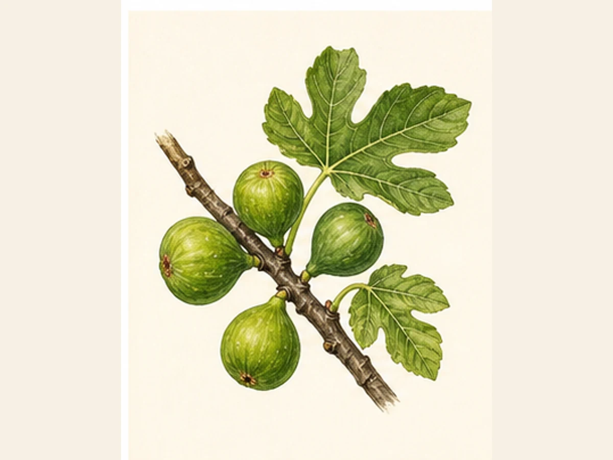 Ilustração editorial representativa de figueira para a ficha de Euxária Preta; não autentica o material, uma planta, fruto, clone ou lote