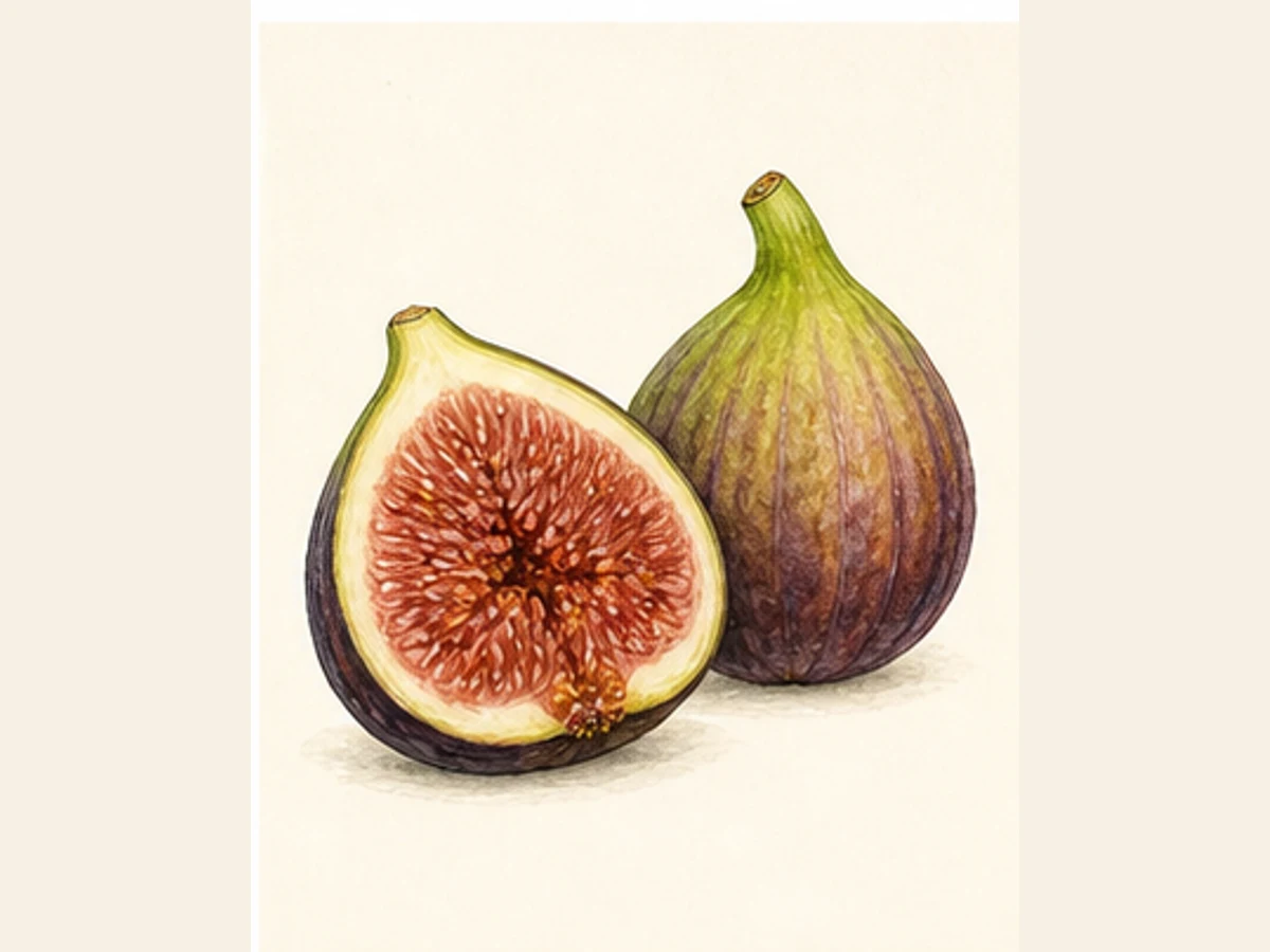 Ilustração editorial representativa de figueira para a ficha de Figo Doce; não autentica o material, uma planta, fruto, clone ou lote