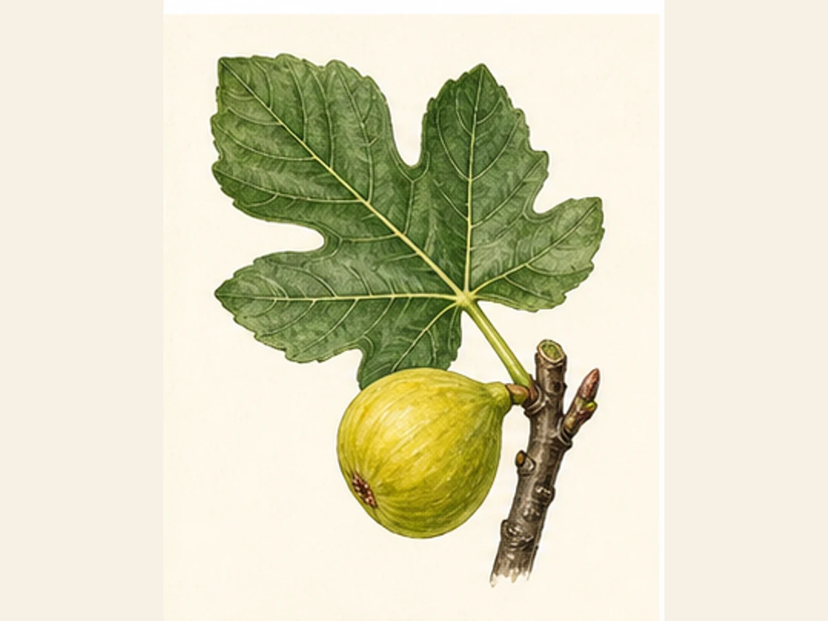 Ilustração editorial representativa de figueira para a ficha de Lampa Branca; não autentica o material, uma planta, fruto, clone ou lote