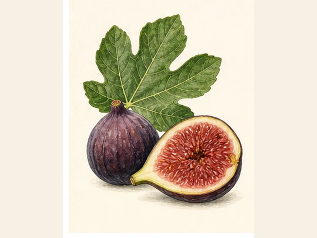 Ilustração editorial representativa de figueira para a ficha de Moscatel; não autentica o material, uma planta, fruto, clone ou lote