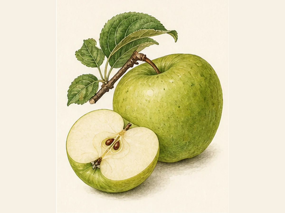 Ilustração editorial representativa de macieira para a ficha de Aristides; não autentica o material, uma planta, fruto, clone ou lote