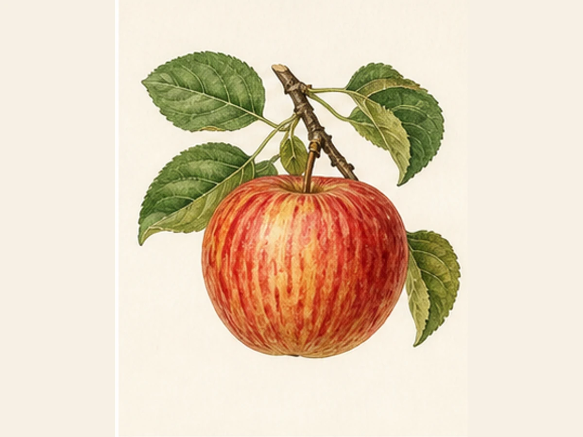 Ilustração editorial representativa de macieira para a ficha de Branca; não autentica o material, uma planta, fruto, clone ou lote