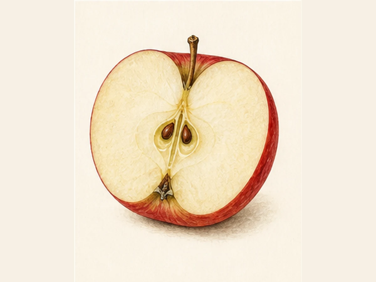 Ilustração editorial representativa de macieira para a ficha de Bravo Belo; não autentica o material, uma planta, fruto, clone ou lote