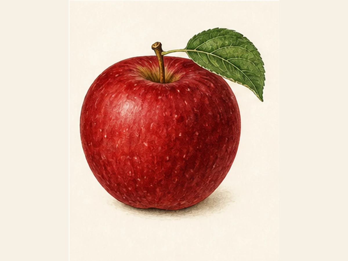Ilustração editorial representativa de macieira para a ficha de Bravo Esmolfe do Vimeiro; não autentica o material, uma planta, fruto, clone ou lote
