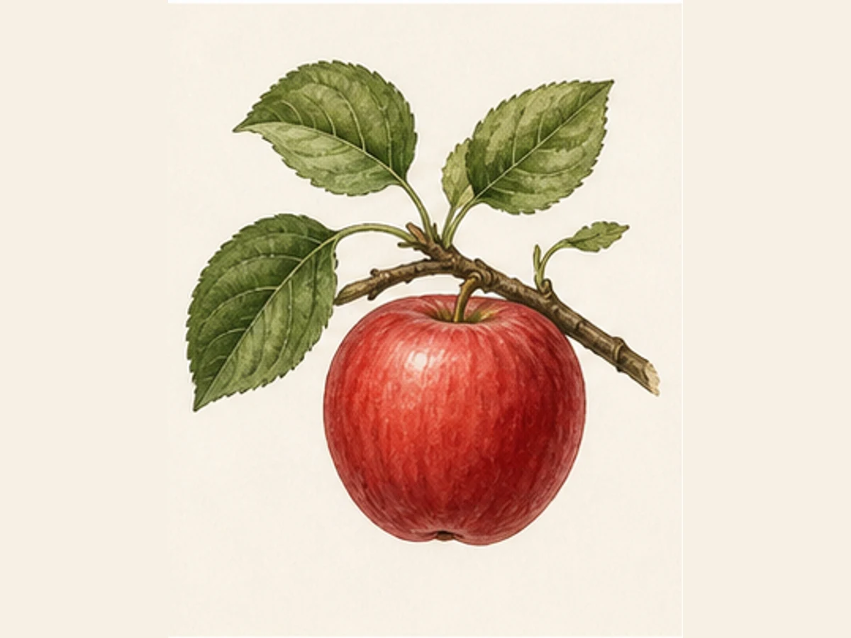 Ilustração editorial representativa de macieira para a ficha de Camoesa da Azoia; não autentica o material, uma planta, fruto, clone ou lote