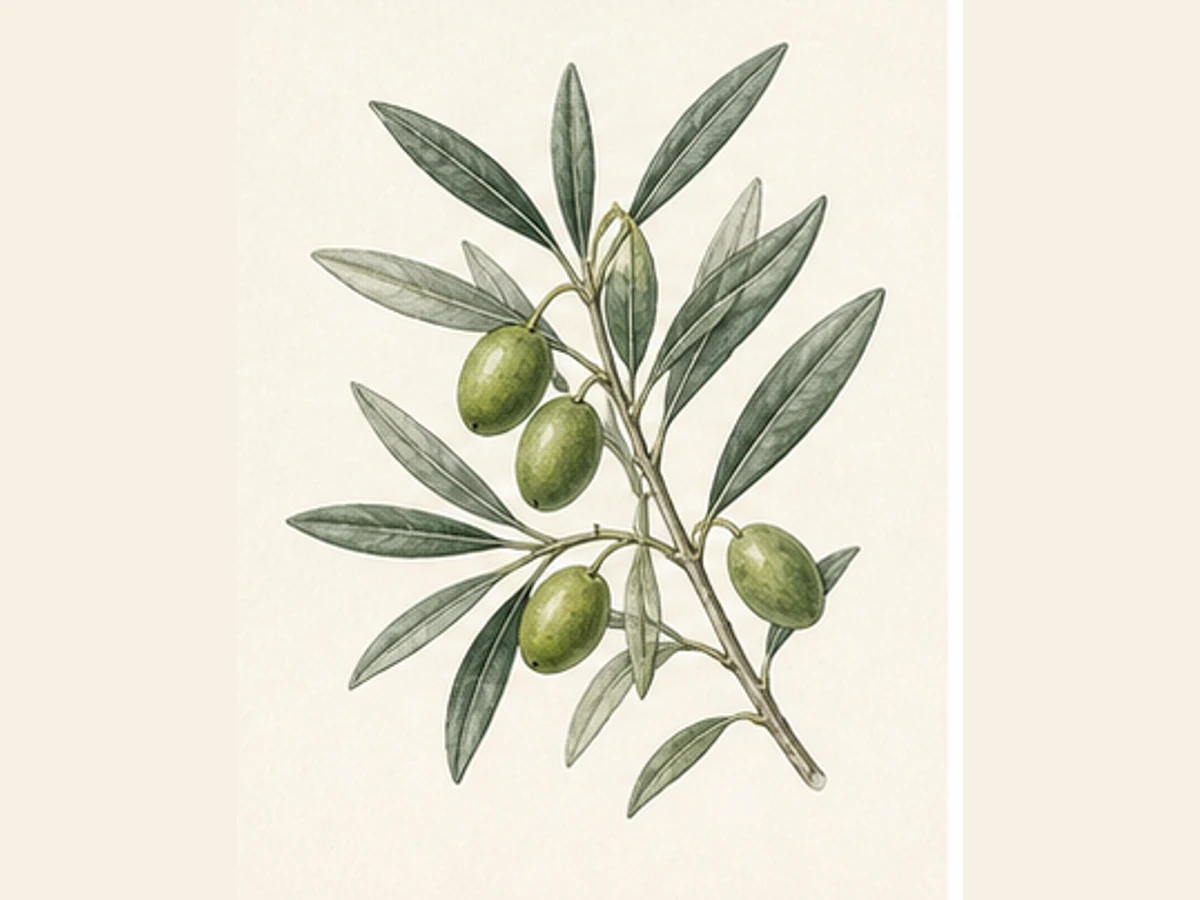 Ilustração editorial representativa de oliveira para a ficha de Azeitoneira; não autentica o material, uma planta, fruto, clone ou lote