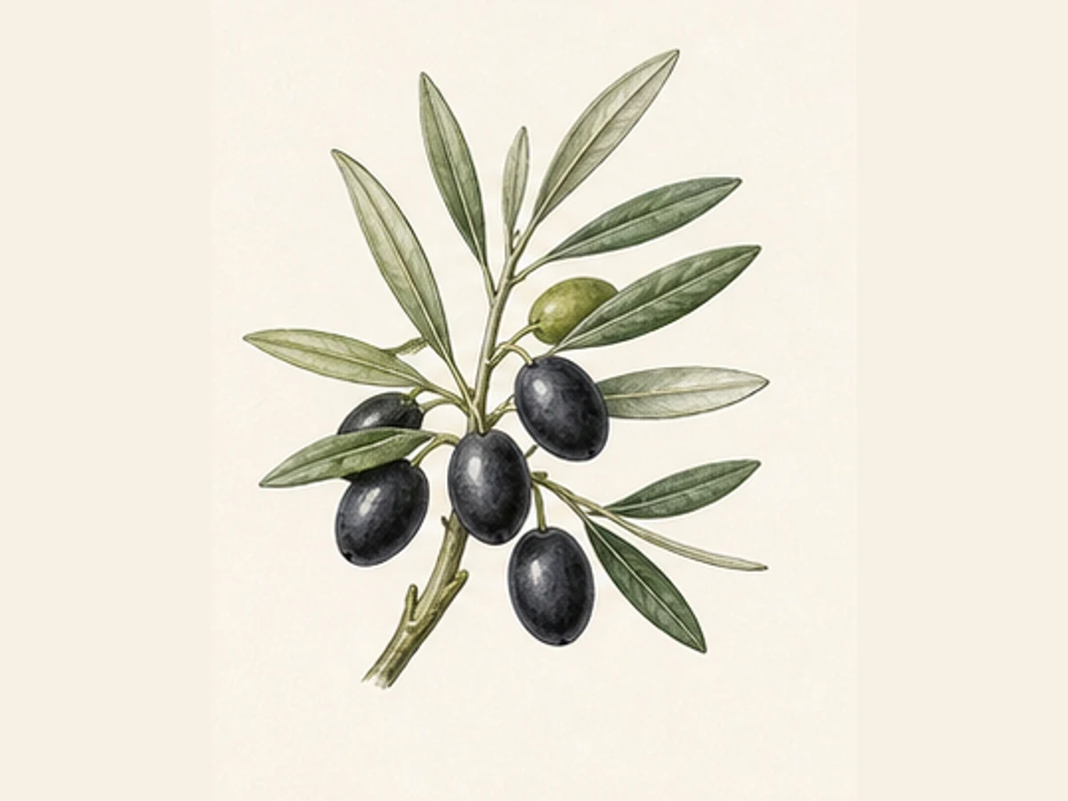 Ilustração editorial representativa de oliveira para a ficha de Bical de Castelo Branco; não autentica o material, uma planta, fruto, clone ou lote