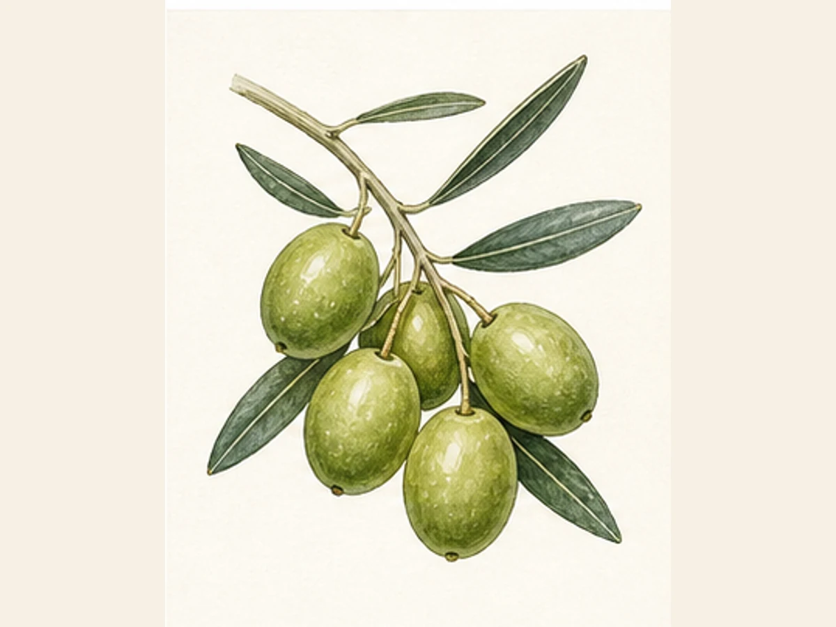 Ilustração editorial representativa de oliveira para a ficha de Borrenta; não autentica o material, uma planta, fruto, clone ou lote