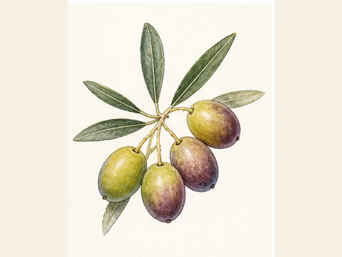 Ilustração editorial representativa de oliveira para a ficha de Carrasca; não autentica o material, uma planta, fruto, clone ou lote