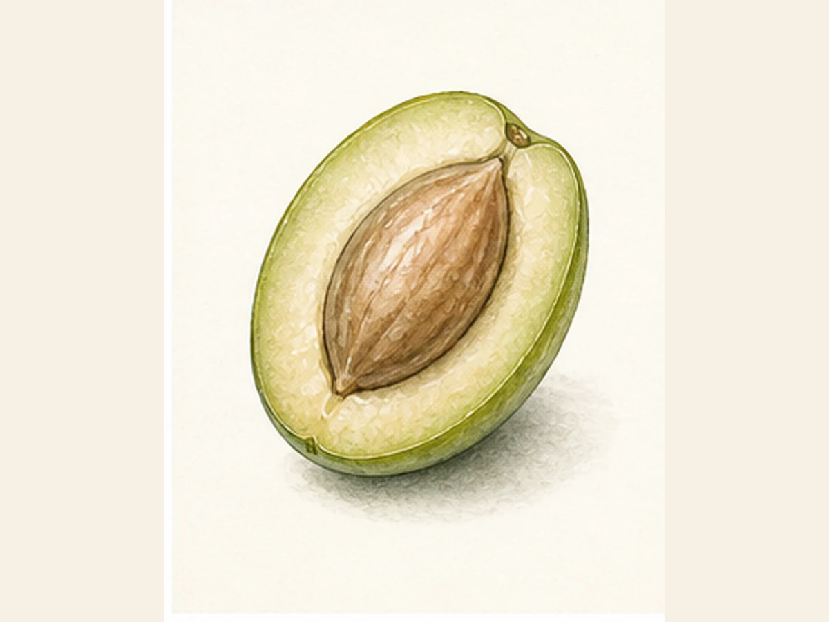 Ilustração editorial representativa de oliveira para a ficha de Carrasquenha Azuladinha; não autentica o material, uma planta, fruto, clone ou lote