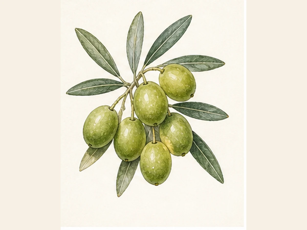 Ilustração editorial representativa de oliveira para a ficha de Carrasquenha Tradicional; não autentica o material, uma planta, fruto, clone ou lote
