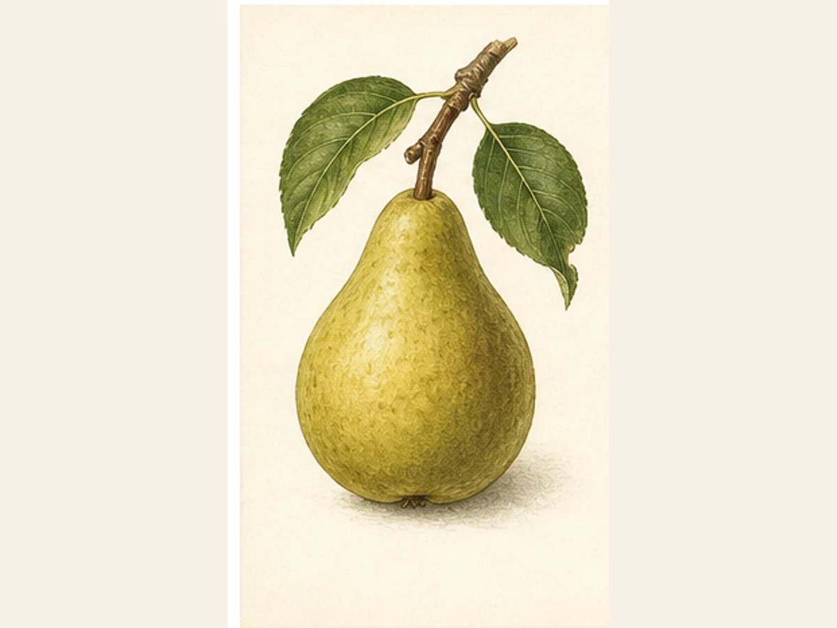 Ilustração editorial representativa de pereira para a ficha de Água; não autentica o material, uma planta, fruto, clone ou lote