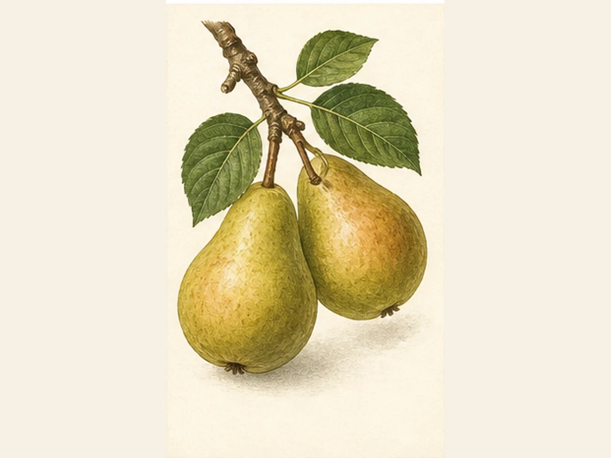 Ilustração editorial representativa de pereira para a ficha de Amêndoa da Guia; não autentica o material, uma planta, fruto, clone ou lote