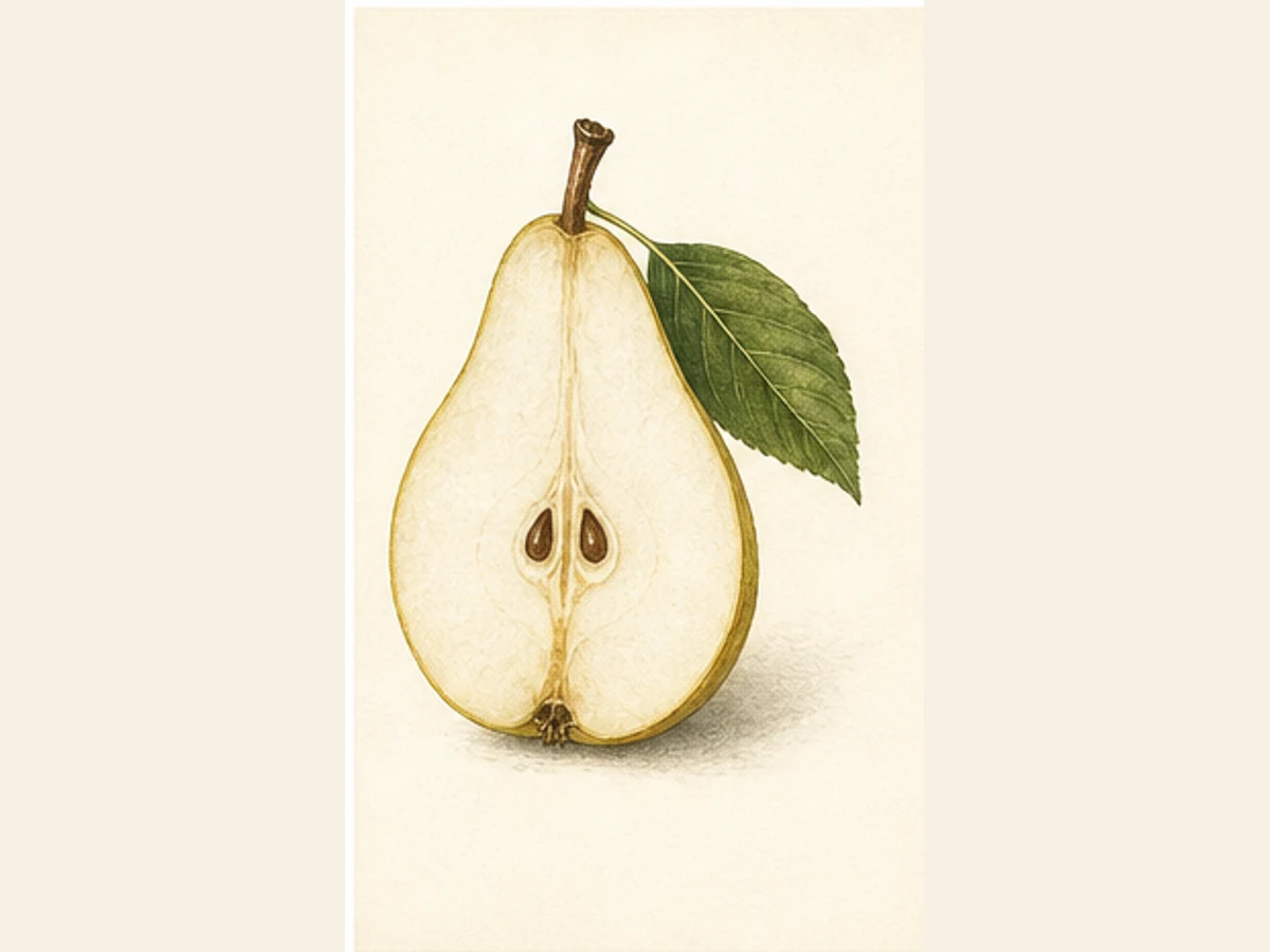 Ilustração editorial representativa de pereira para a ficha de Amêndoa; não autentica o material, uma planta, fruto, clone ou lote
