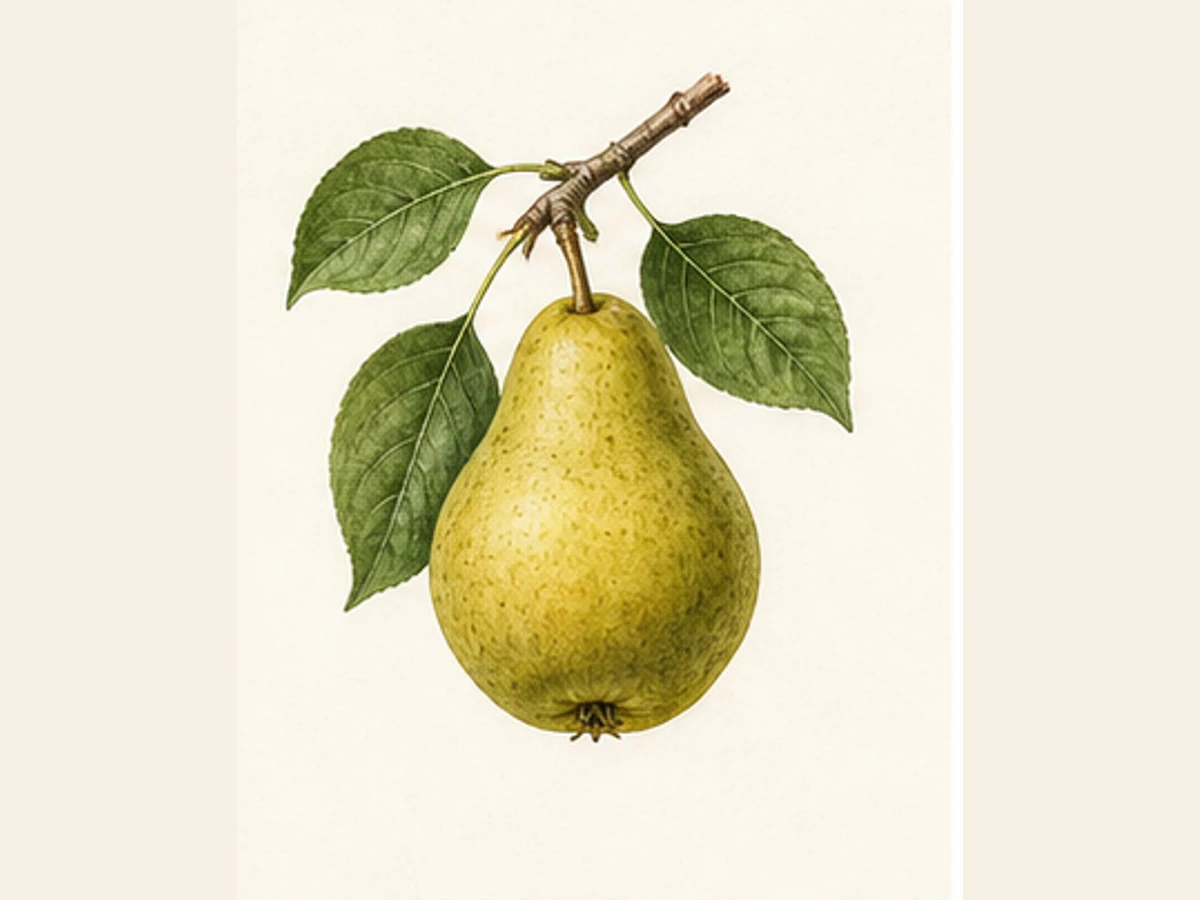 Ilustração editorial representativa de pereira para a ficha de Bela Feia; não autentica o material, uma planta, fruto, clone ou lote