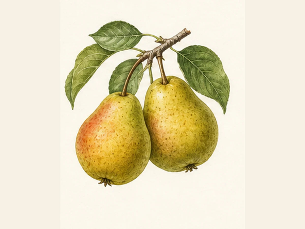 Ilustração editorial representativa de pereira para a ficha de Bojarda; não autentica o material, uma planta, fruto, clone ou lote