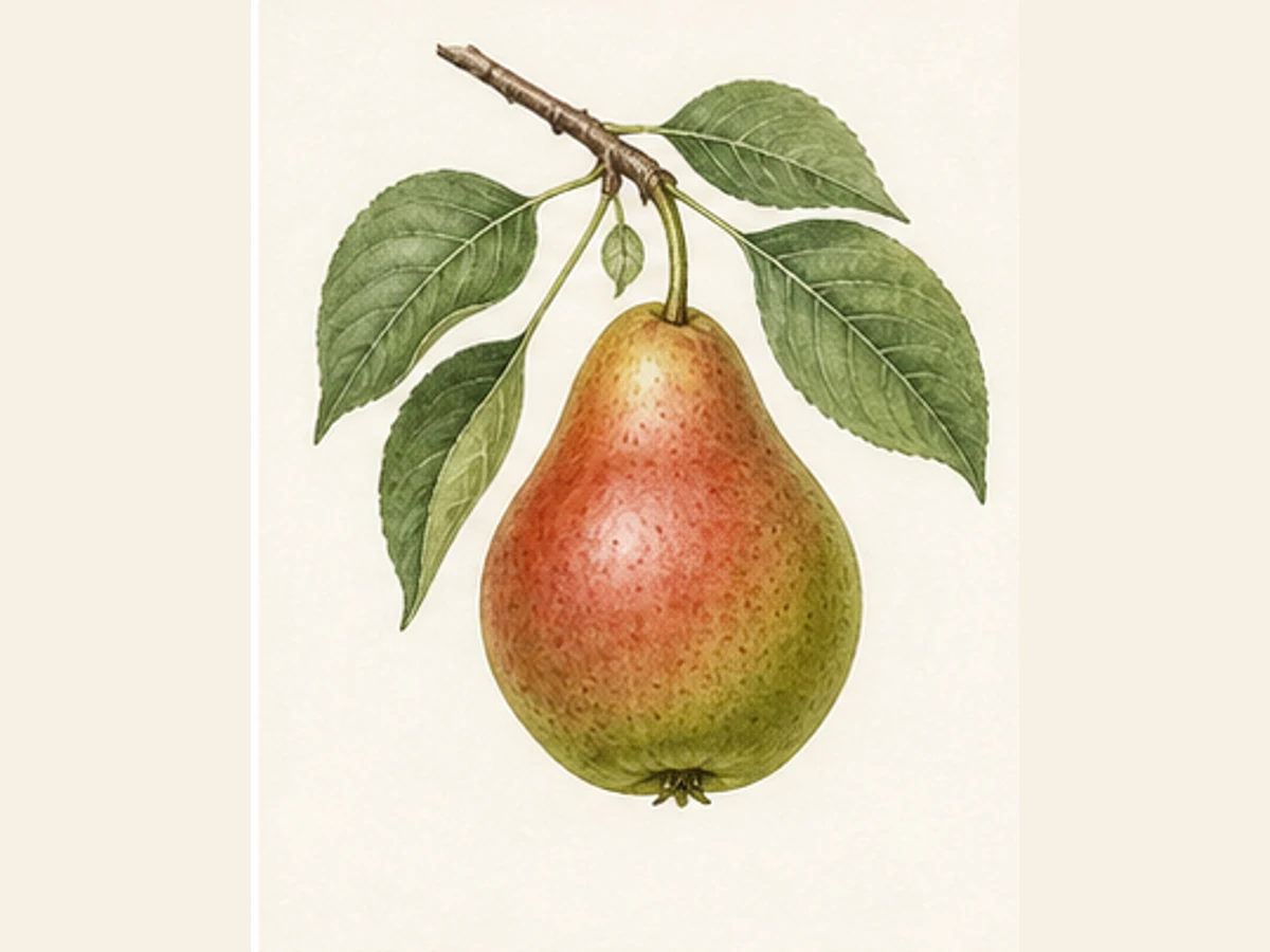 Ilustração editorial representativa de pereira para a ficha de Codorno; não autentica o material, uma planta, fruto, clone ou lote