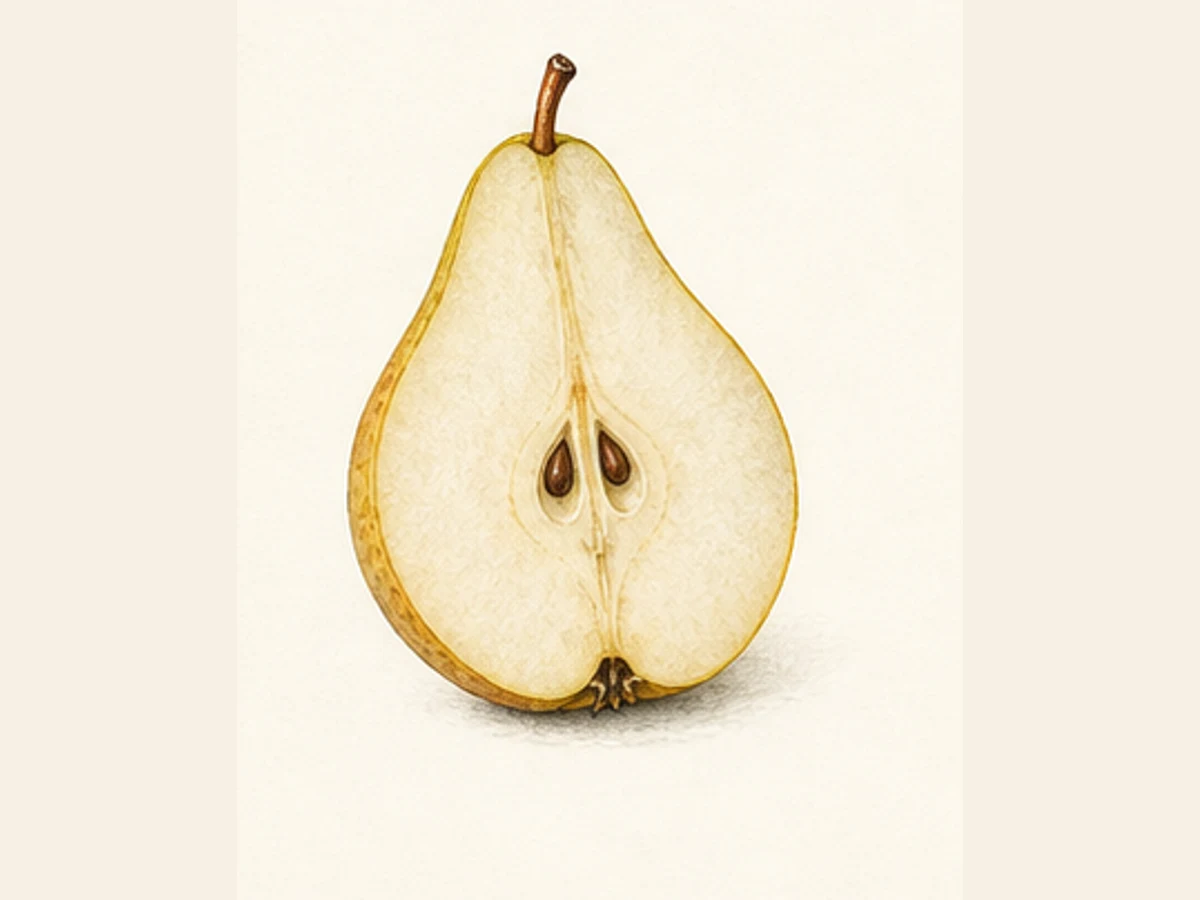 Ilustração editorial representativa de pereira para a ficha de Do Santo; não autentica o material, uma planta, fruto, clone ou lote