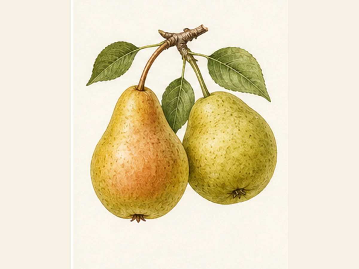 Ilustração editorial representativa de pereira para a ficha de Marmela; não autentica o material, uma planta, fruto, clone ou lote