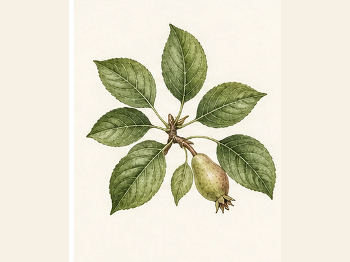 Ilustração editorial representativa de pereira para a ficha de Marquezinha; não autentica o material, uma planta, fruto, clone ou lote
