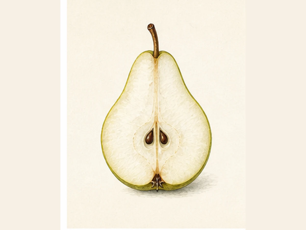 Ilustração editorial representativa de pereira para a ficha de Pão; não autentica o material, uma planta, fruto, clone ou lote