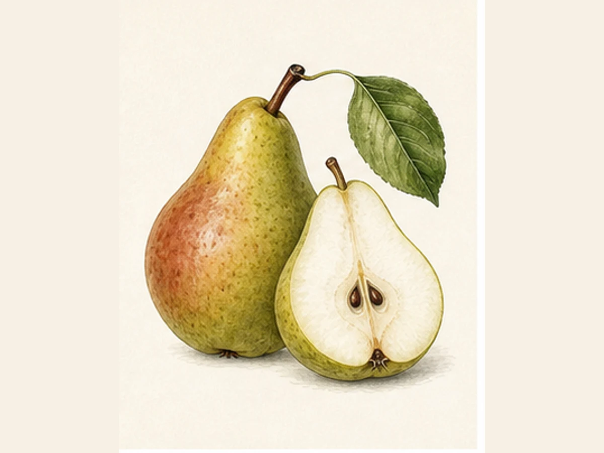 Ilustração editorial representativa de pereira para a ficha de São Bento; não autentica o material, uma planta, fruto, clone ou lote