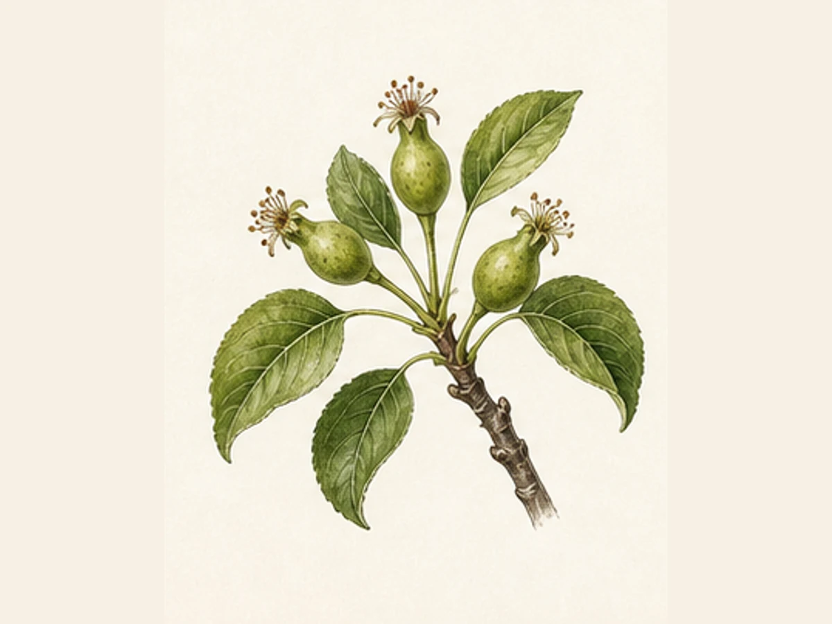 Ilustração editorial representativa de pereira para a ficha de Tenra de São Jorge; não autentica o material, uma planta, fruto, clone ou lote