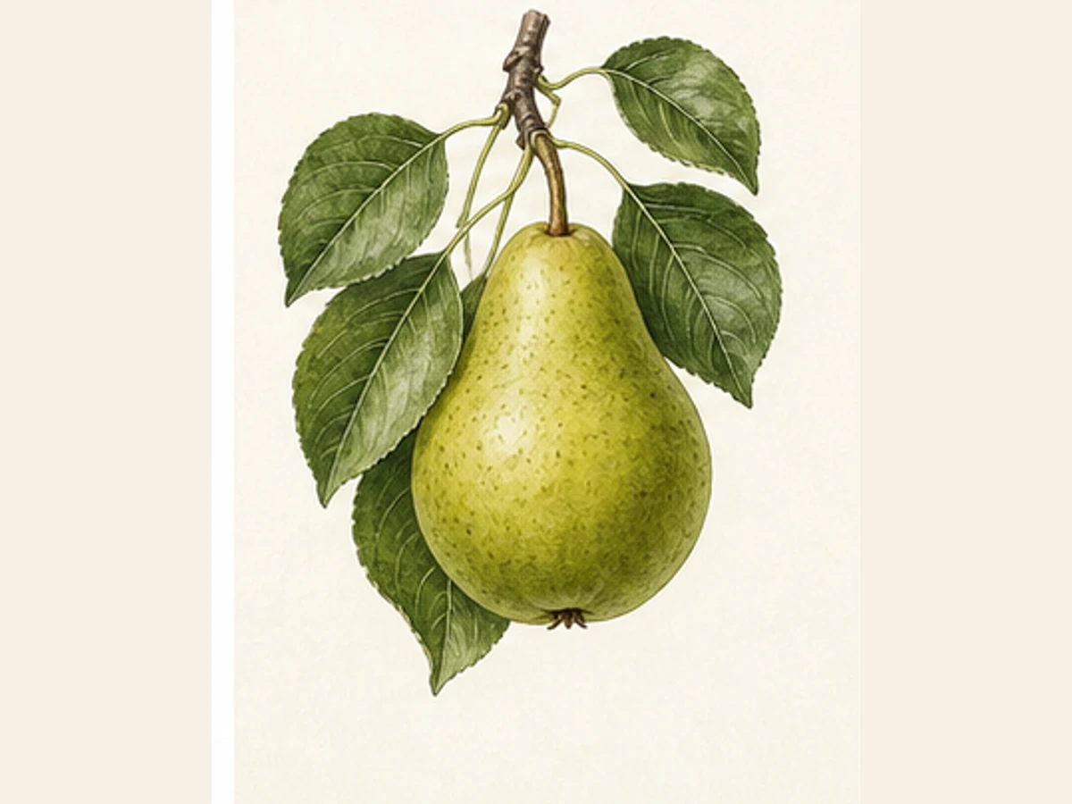 Ilustração editorial representativa de pereira para a ficha de Torrão de Açucar; não autentica o material, uma planta, fruto, clone ou lote