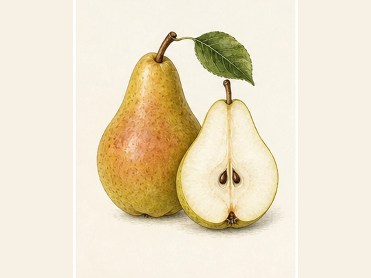 Ilustração editorial representativa de pereira para a ficha de Vindima; não autentica o material, uma planta, fruto, clone ou lote