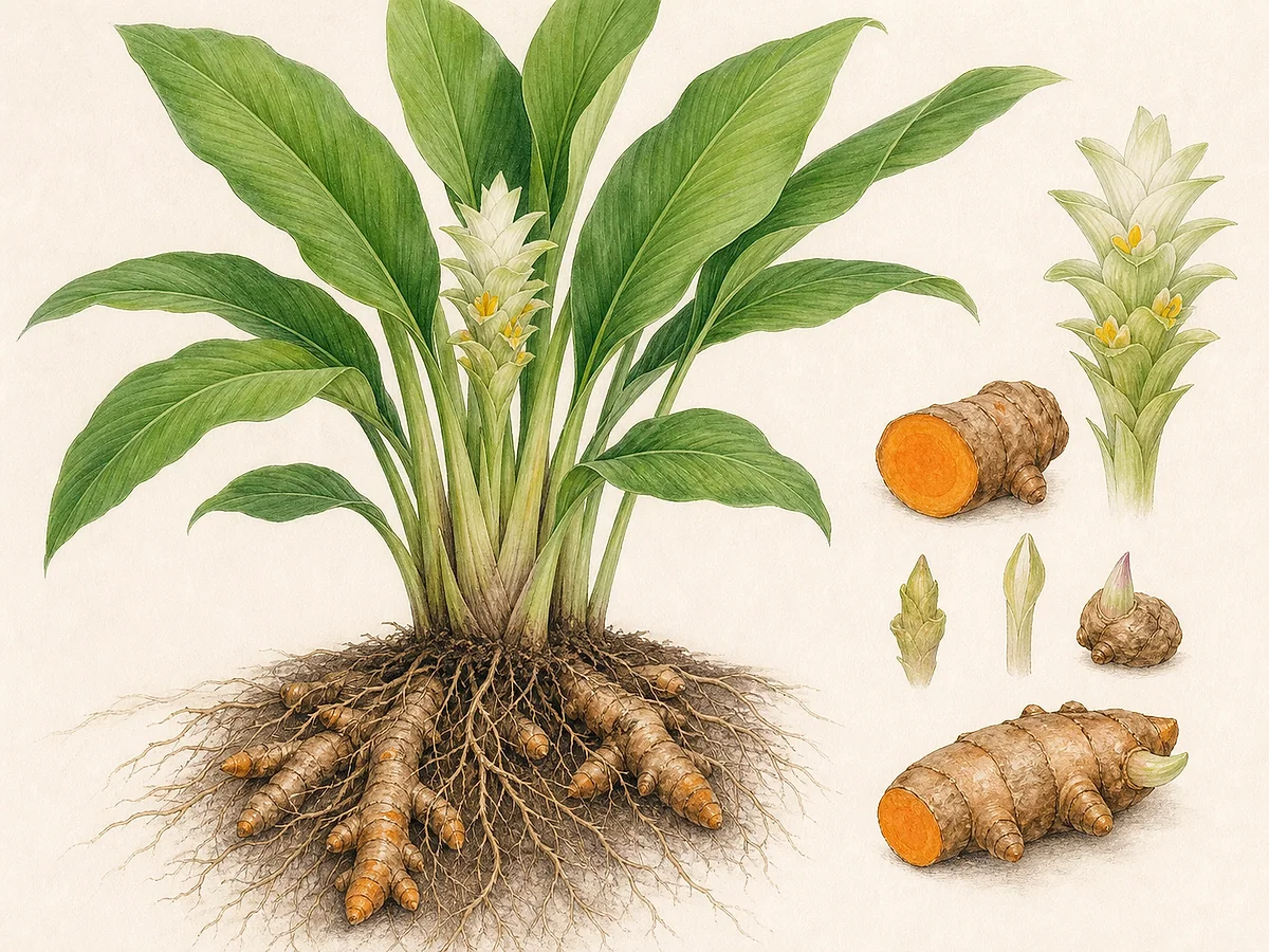 Prancha botânica de cúrcuma com folhas largas, inflorescência bracteada, rizomas alaranjados inteiros e em corte, gemas e raízes finas