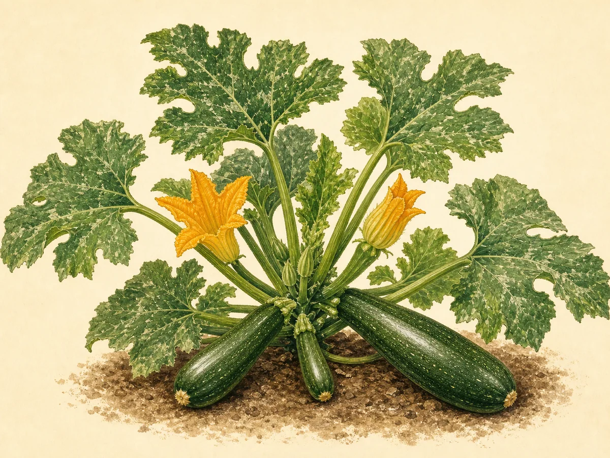 Ilustração botânica de uma curgete em porte arbustivo com flores e frutos verdes