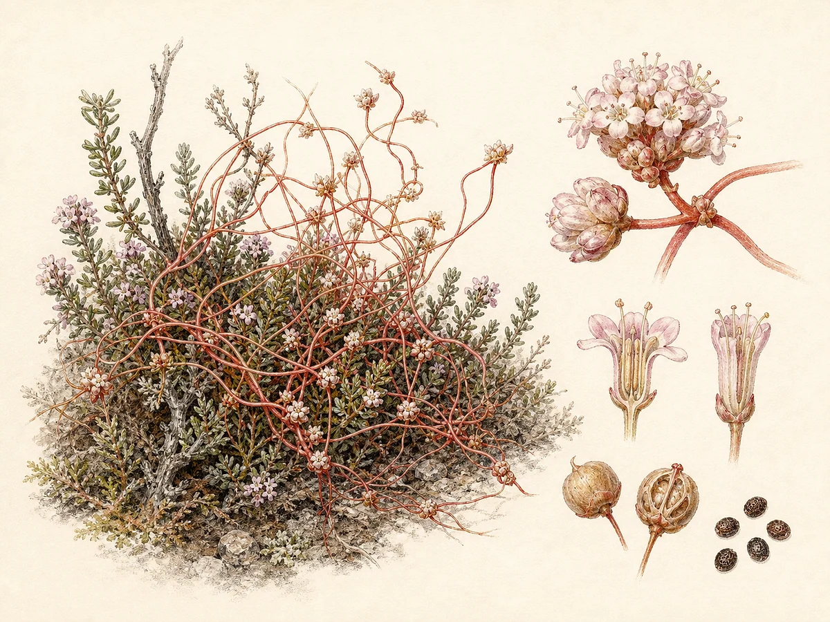 Prancha botânica documental de Cuscuta epithymum, trepadeira autóctone registada no arquipélago da Madeira