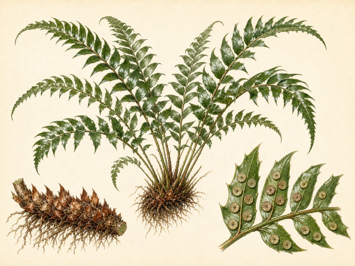 Prancha ilustrada de Cyrtomium falcatum com frondes arqueadas, pinas coriáceas brilhantes dentadas, rizoma com escamas castanhas e soros circulares