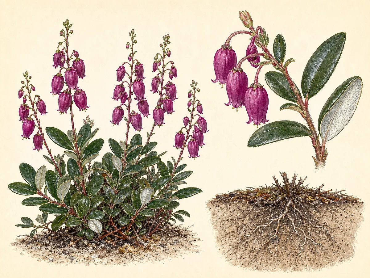 Ilustração botânica de daboécia-cantábrica com folhas elípticas de verso prateado e grandes flores púrpura em forma de urna
