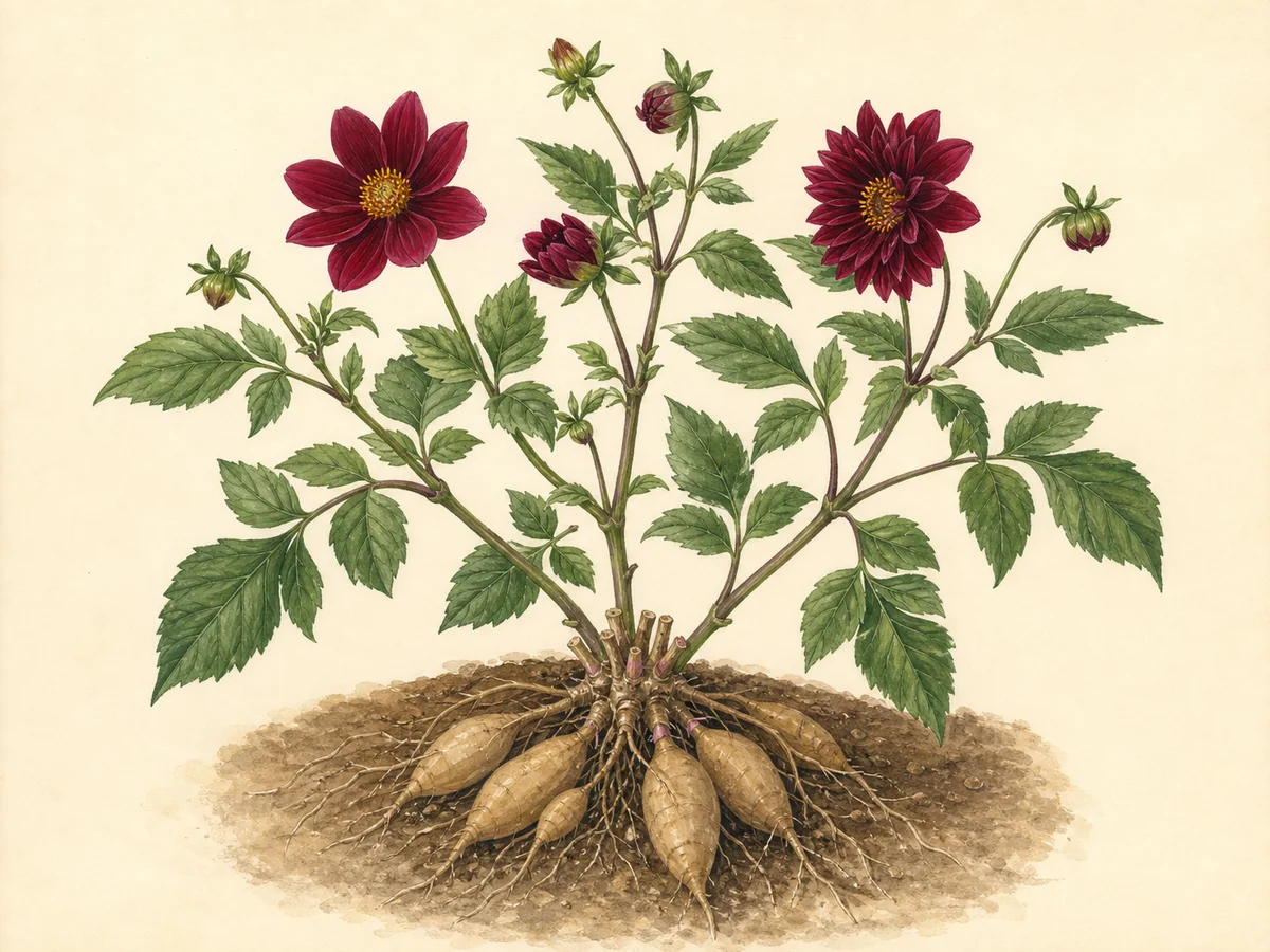 Ilustração botânica de uma dália ramificada com folhas pinadas, flores cor de vinho e conjunto de raízes tuberosas com coroa