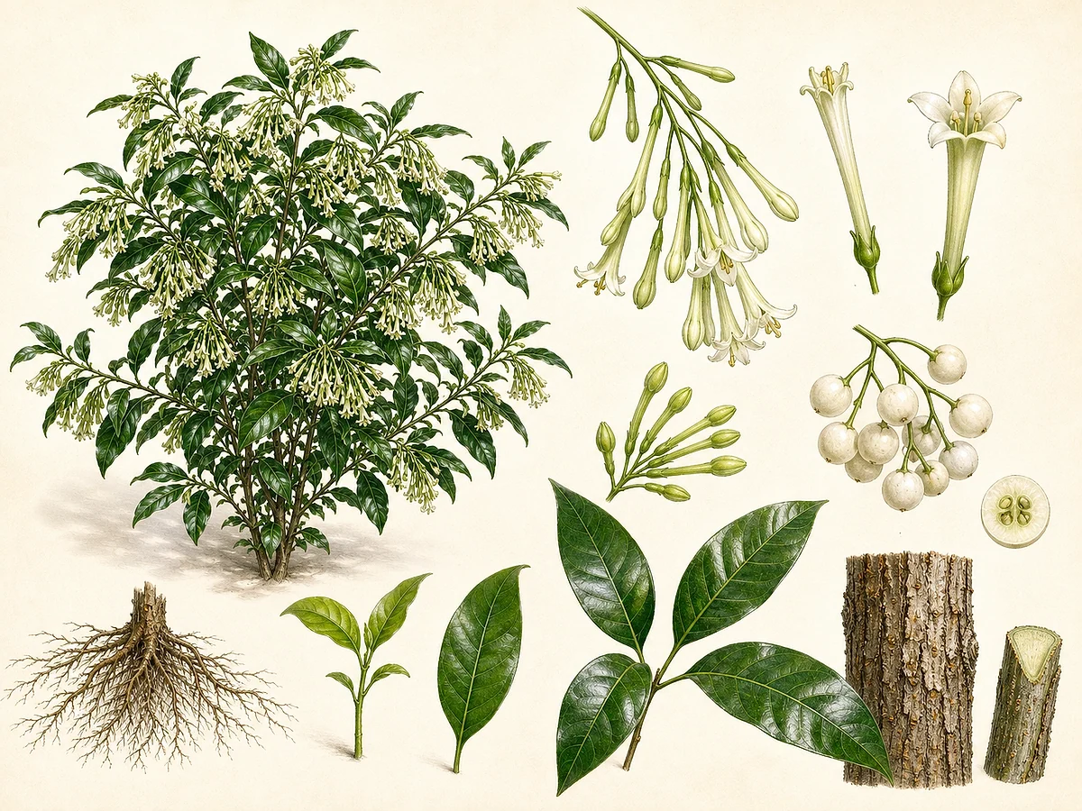 Prancha botânica de Cestrum nocturnum com arbusto, folhas inteiras, flores tubulares esverdeadas, bagas brancas e sementes