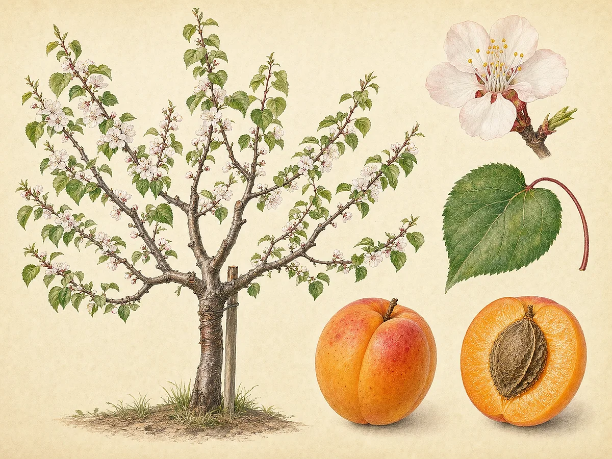 Ilustração botânica de damasqueiro em leque com flores branco-rosadas, folhas cordiformes e damascos laranja, um aberto no caroço