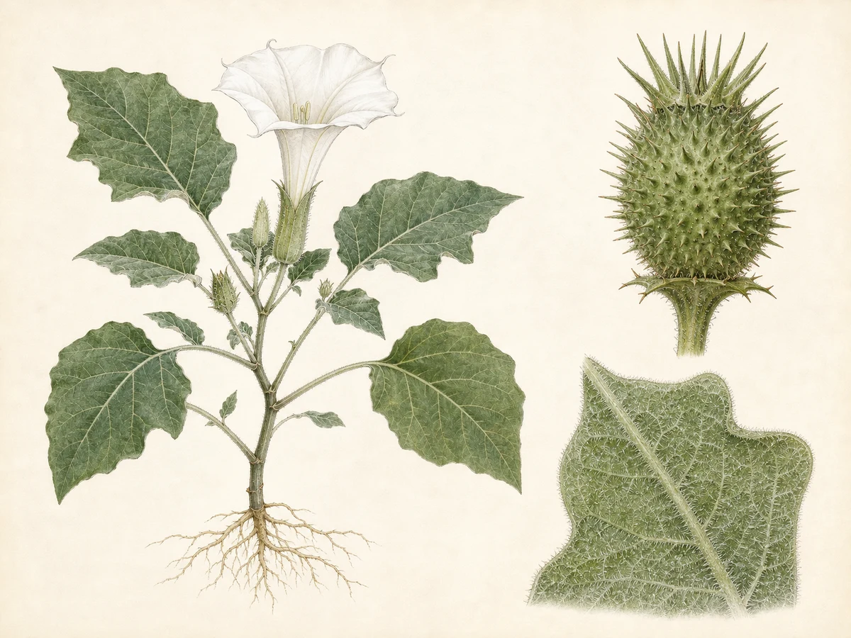 Prancha ilustrada de Datura innoxia com moita de folhas grandes, flores brancas em trombeta e cápsula arredondada coberta de espinhos