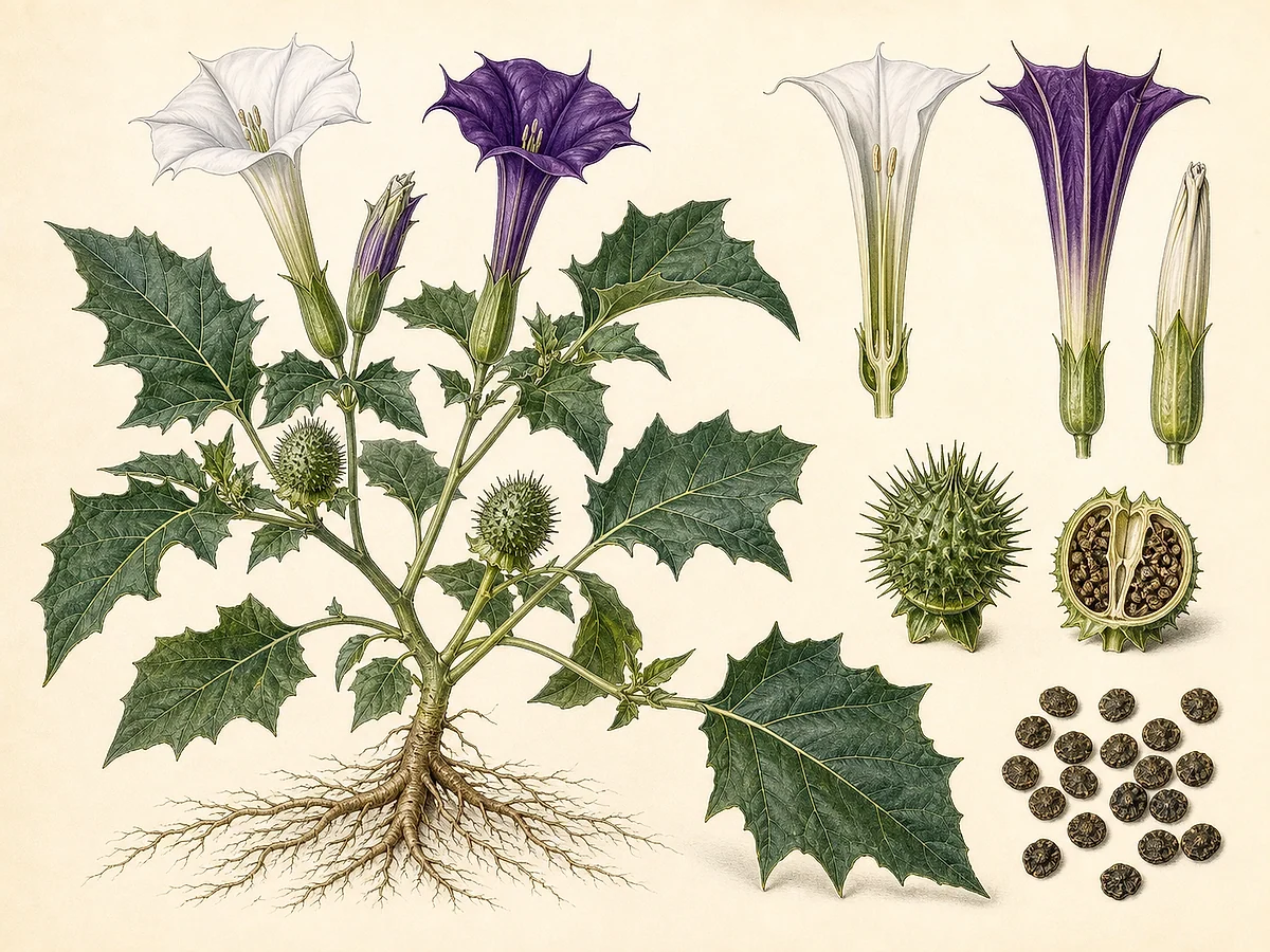Prancha botânica de Datura metel com planta, flores eretas em trombeta brancas e púrpura, cápsula espinhosa e sementes