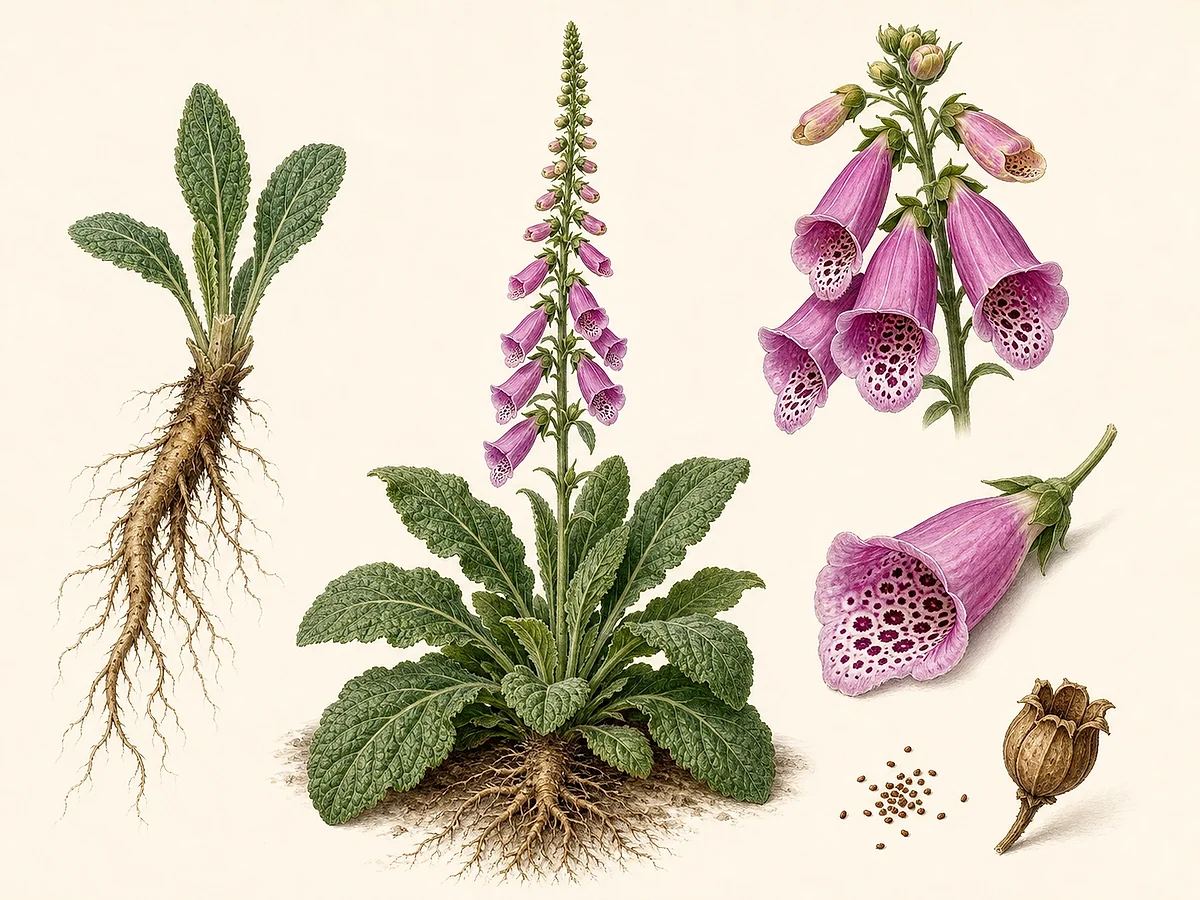 Prancha botânica de Digitalis purpurea com roseta de folhas, haste de flores tubulares púrpura pintalgadas, cápsula e sementes
