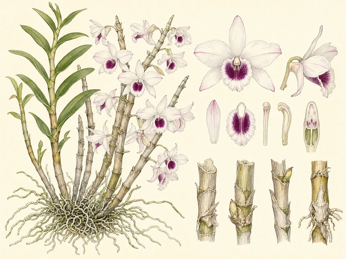Prancha botânica de Dendrobium nobile com canas segmentadas, folhas, raízes aéreas e flores brancas e rosadas de garganta púrpura