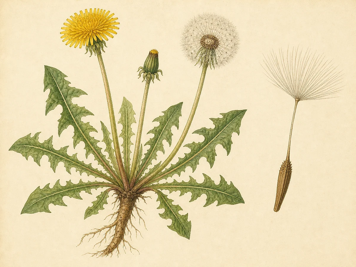 Prancha botânica do complexo Taraxacum sect. Taraxacum com roseta de folhas dentadas, raiz aprumada, capítulo amarelo, aquénios e papilho