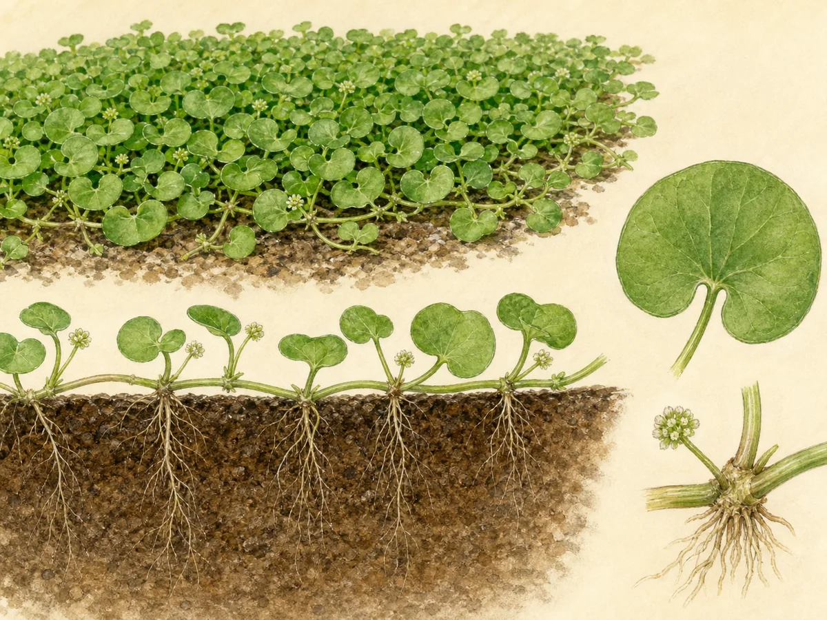 Ilustração botânica de dichondra formando tapete com caules rasteiros enraizados, folhas reniformes e flores minúsculas