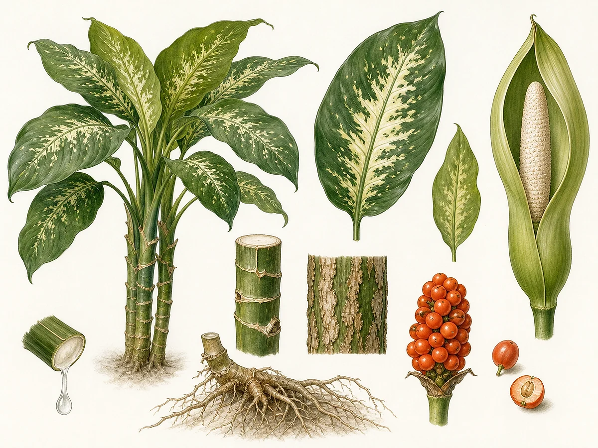 Prancha botânica de Dieffenbachia seguine com cana, folhas verdes variegadas, espata, espádice, bagas e raízes