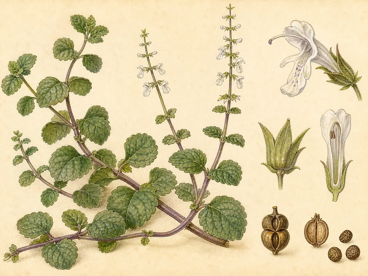 Prancha botânica de Plectranthus verticillatus com caules pendentes, folhas arredondadas opostas, inflorescências brancas, cálice e núculas