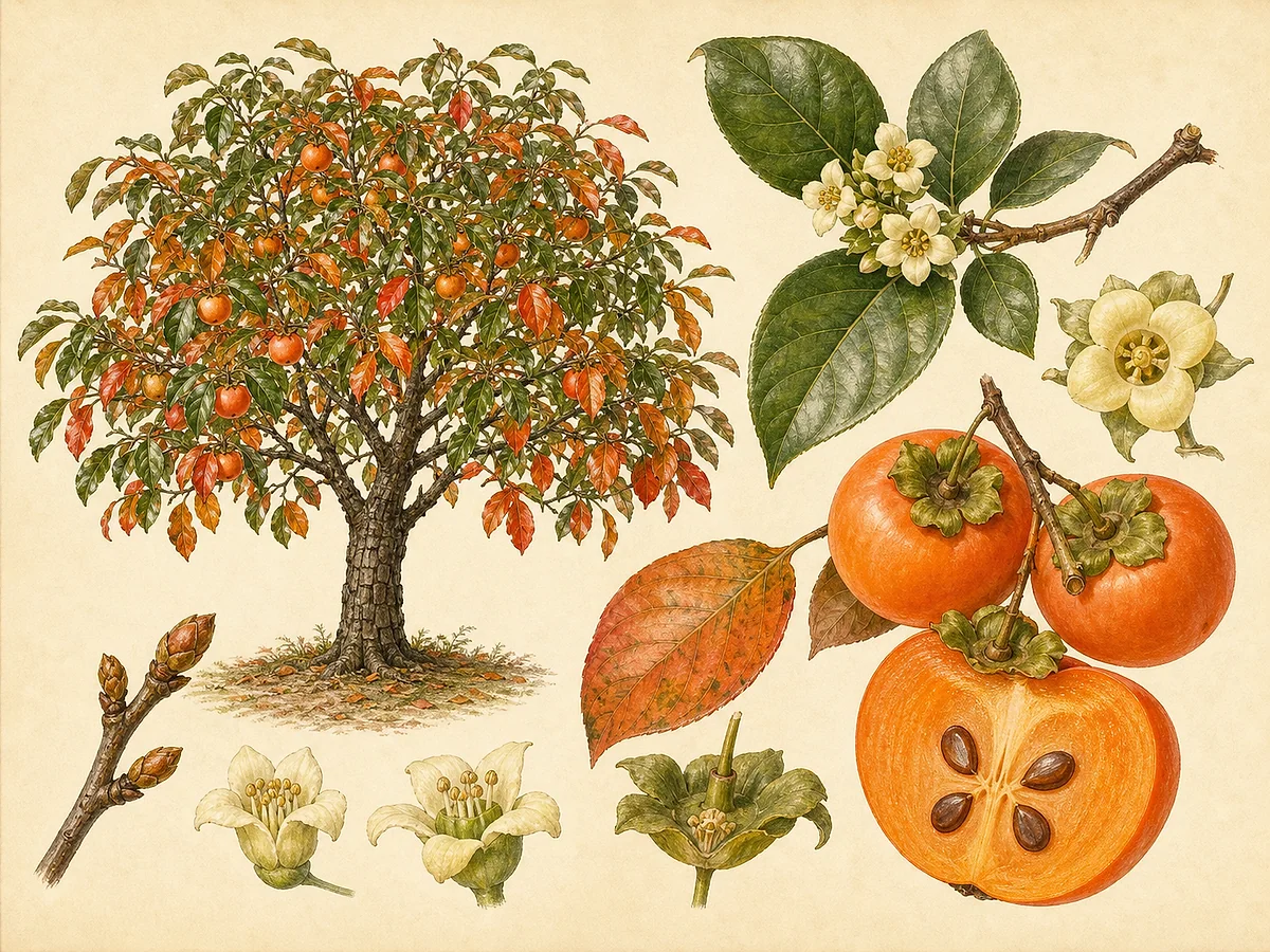 Ilustração botânica de diospireiro caducifólio com folhas brilhantes, flores masculinas e femininas e dióspiros laranja de cálice persistente, um aberto